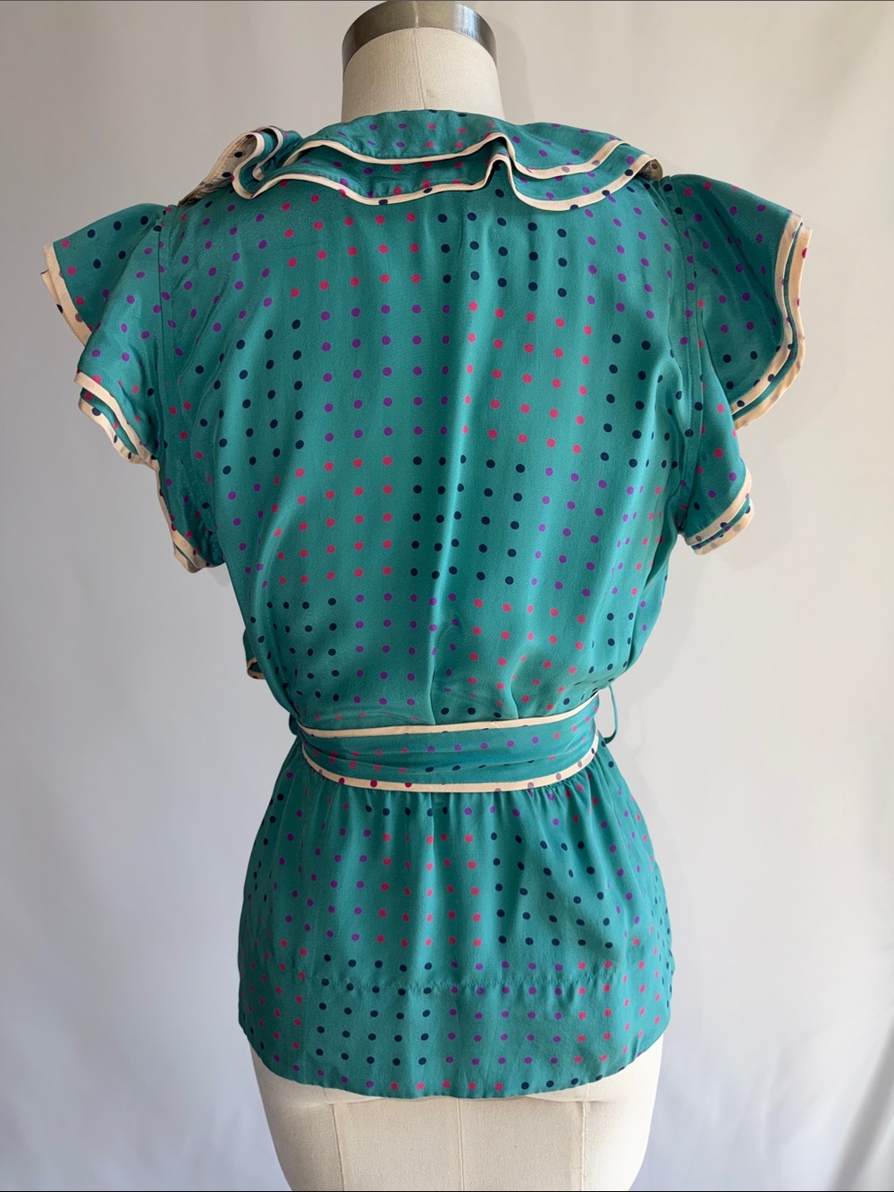 Marc By Marc Jacobs 💯 silk Teal Polka Dot Ruffle Wrap Top - Picture 4 of 11